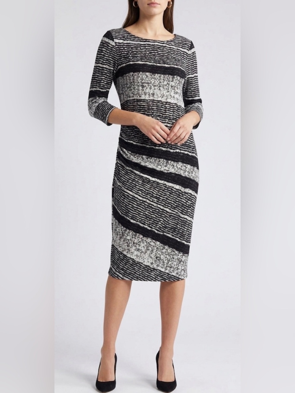 Elegant Black and White Striped Midi Dress With Flattering Ruched Side